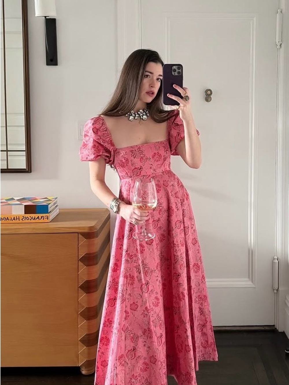 Hill House Pink Floral Puff-Sleeve Square-Neck Maxi Dress